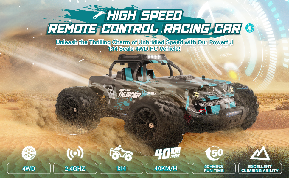 Радіокерований позашляховик Monstertruck 1:14 4WD 40 км/год з двома акумуляторами, світлодіодами, 2.4 GHz для піску, бруду - ідеальний подарунок для дітей та дорослих