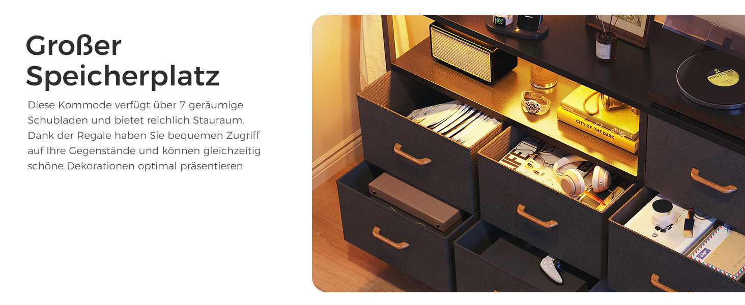 Комод Coleshome з висувними ящиками, світлодіодною підсвіткою, 2 USB та 2 розетки AC, 7 тканинних ящики, для спальні/вітальні, 132*30*89 см, чорний