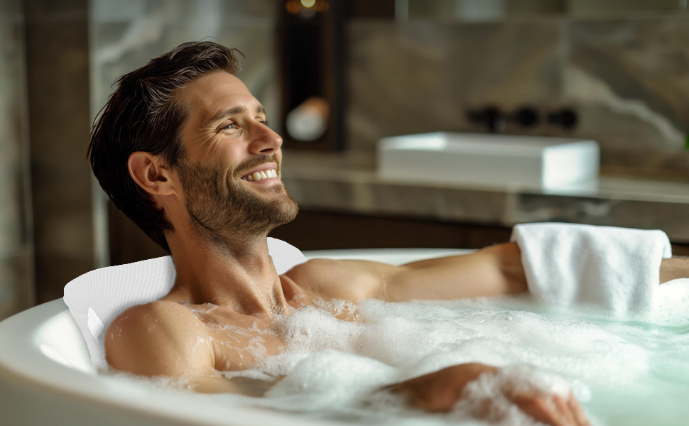 Подушка для ванни з сіткою для прання - Максимальний комфорт та розслаблення з новітньою технологією Air Mesh - Подушка для ванни з 4 міцними присосками - Підтримка шиї/голови (Білий)