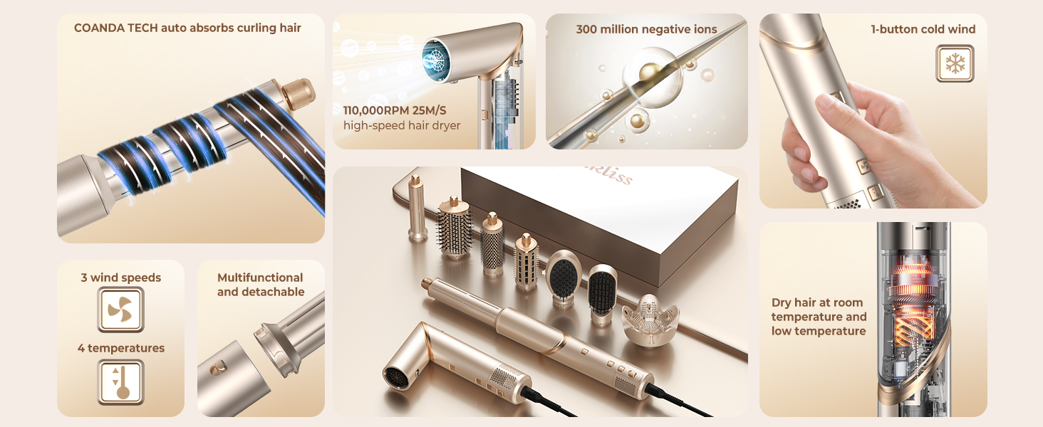 UKLISS Hairstyler Airstyler 8-в-1: Фен-щітка, випрямляч, плойка, насадки для об'єму та іонізація - Швидке сушіння для всіх типів волосся, колір шампань
