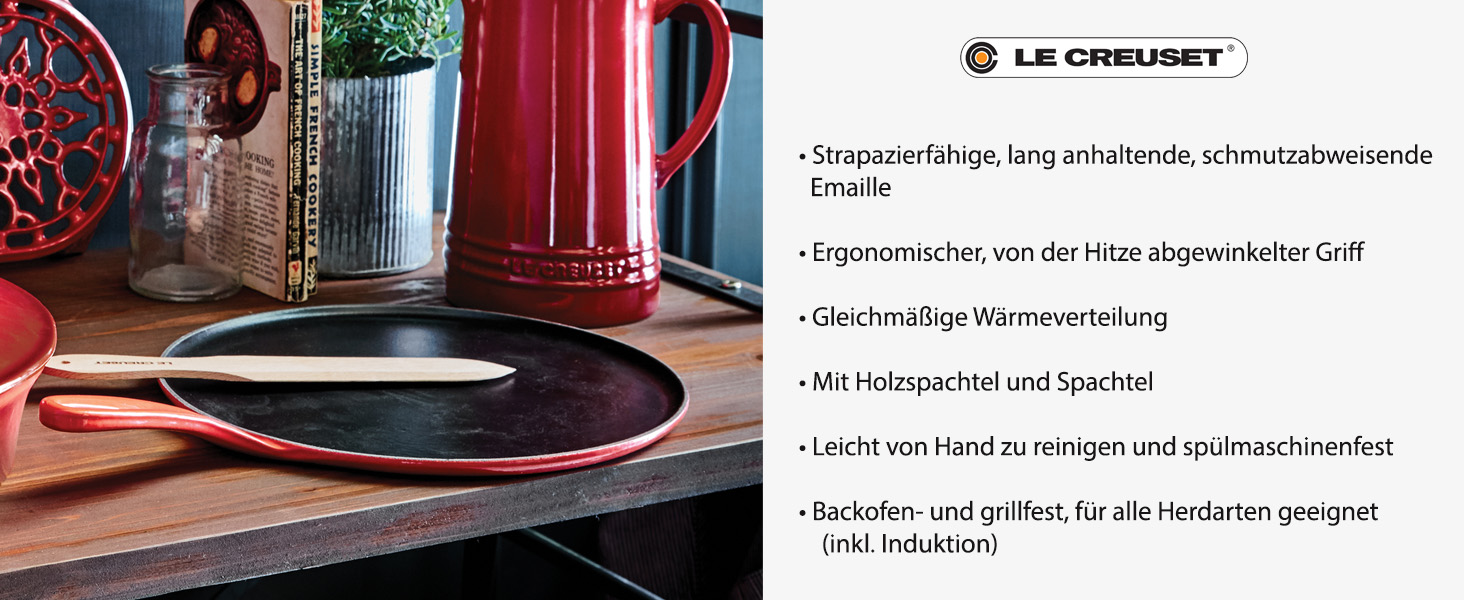 Сковорода для крепів Le Creuset з дерев'яним шкребком, чавун, Ø 27 см, для всіх типів плит (включаючи індукцію), Червоний (Cerise), 20136270600460