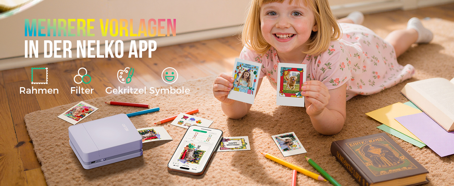 Портативний міні-фотопринтер Nelko PP01: кольоровий, для смартфонів iOS & Android, з 20 паперами, наклейки, AI APP, фіолетовий