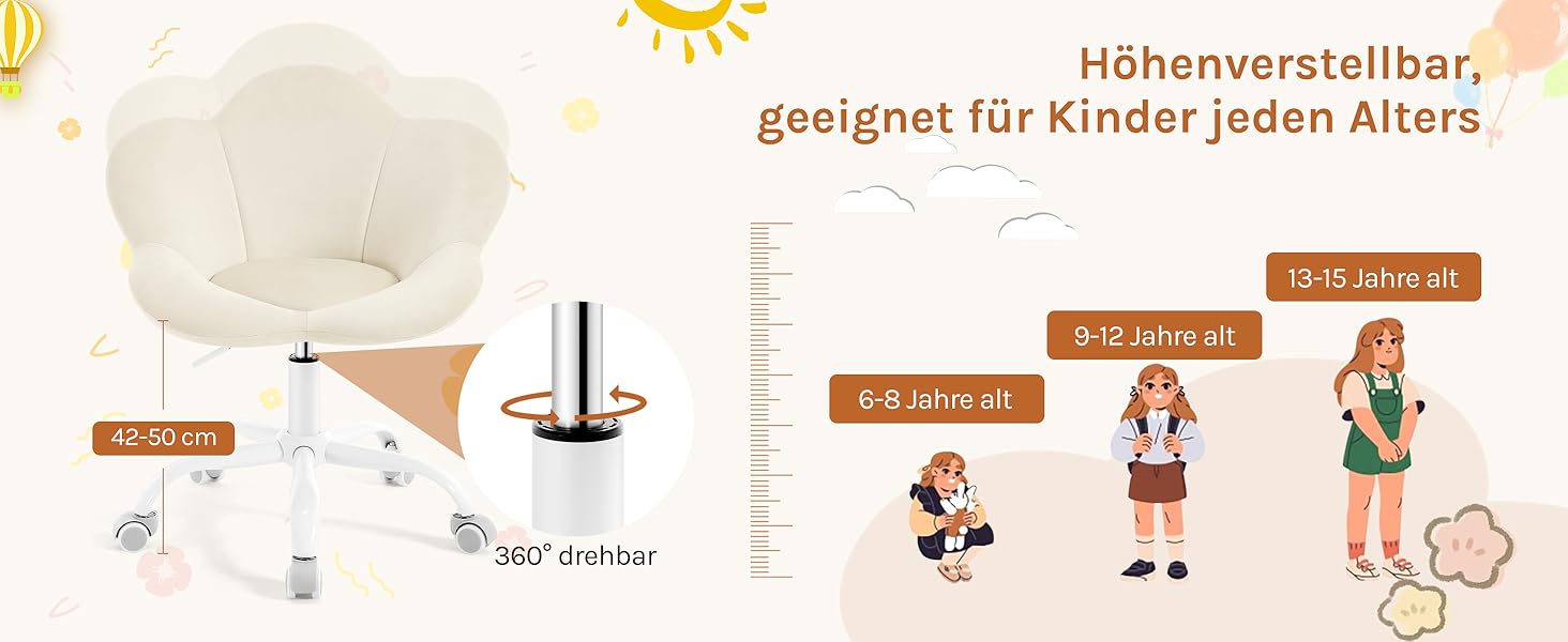 Дитячий стілець WOLTU для столу, комп'ютера, косметичного столика, регульований по висоті, оксамит, бежевий для дитячої кімнати та дому