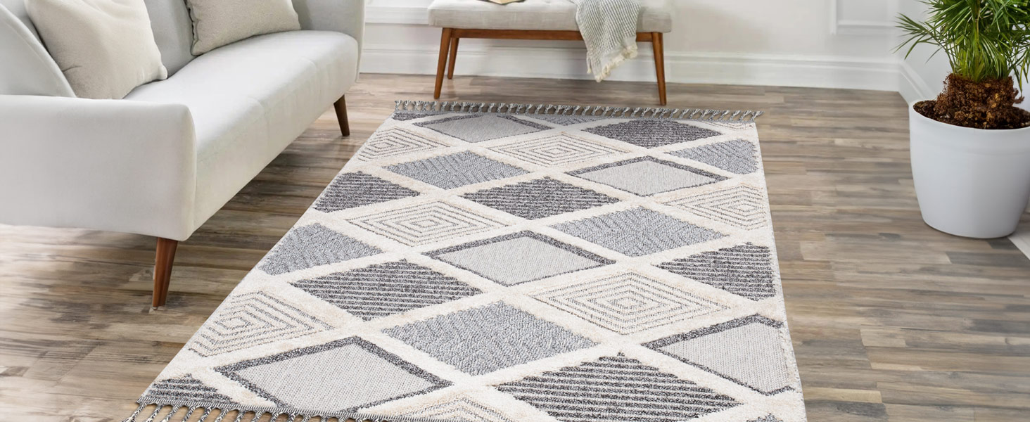 Килим City Boho Rug Cream 80x150 см - Орнаменти, Бордюр, 3D Ефект - Сучасні Бахроми (Сірий, 140x200 см)