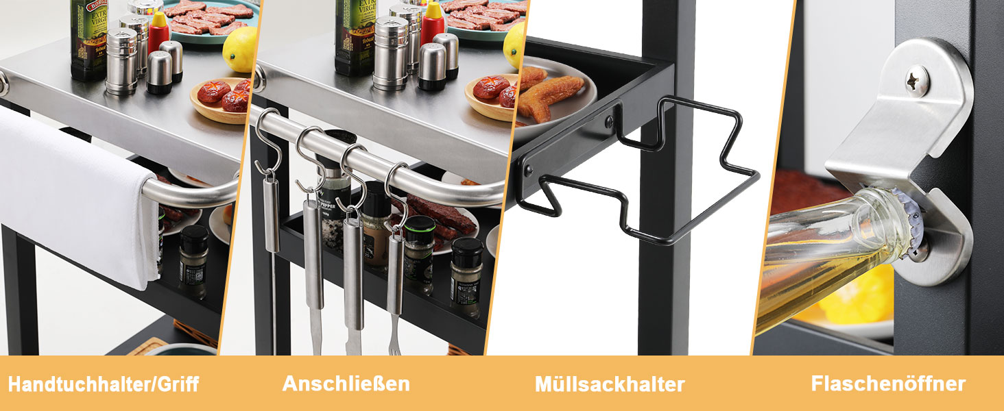 Grillwagen LIFERUN з нержавіючої сталі, 3 яруси, стіл для гриля, вуличний, з нержавіючою сталею, з гачками, на колесах