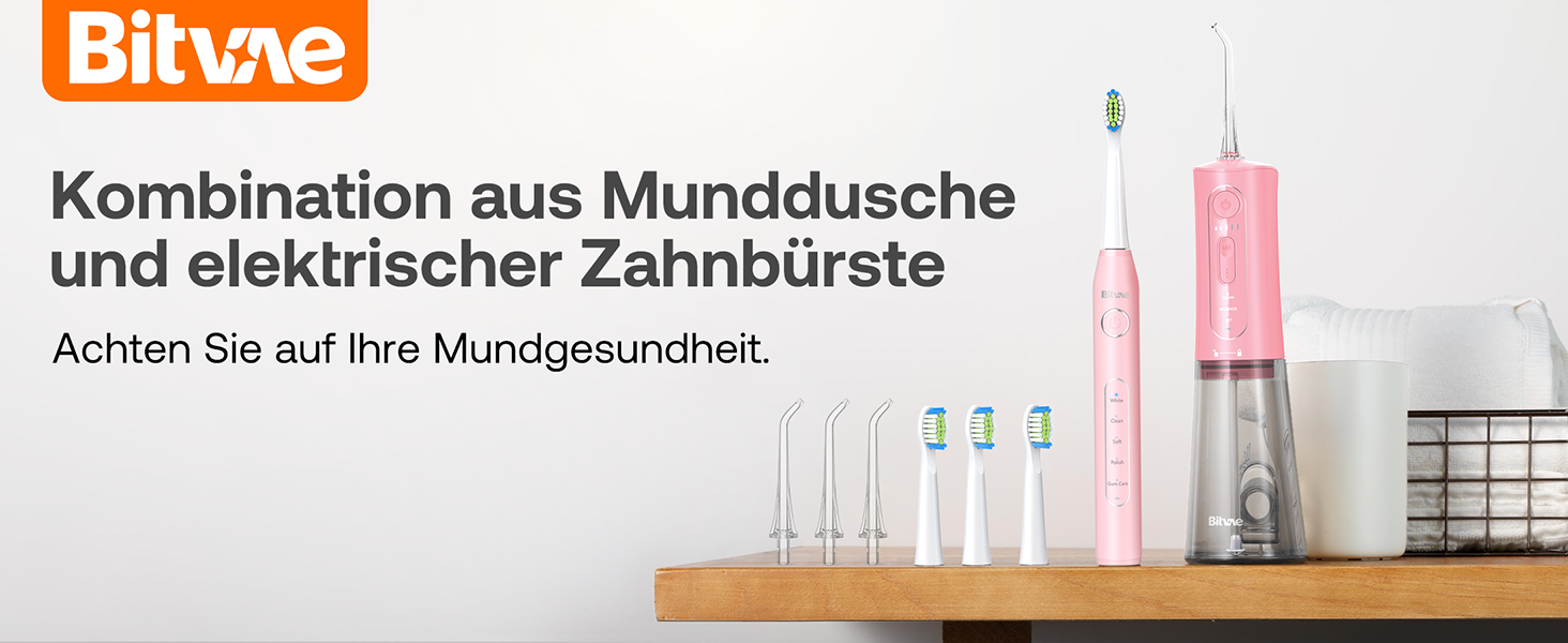 Іригатор для порожнини рота Bitvae та електрична зубна щітка 5 в 1, 3 режими & 5 рівнів тиску, бездротовий, з 4 насадками для щітки та 4 насадками для іригатора, чорний