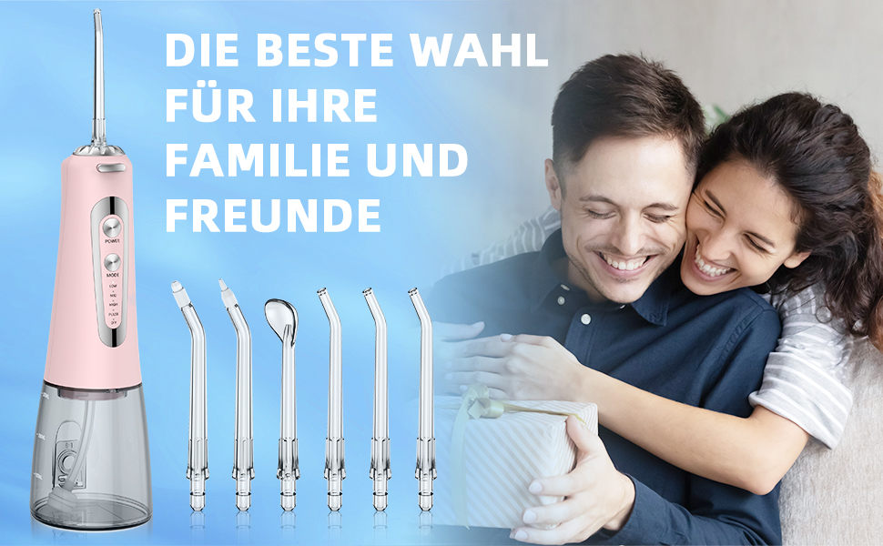 Електрична ірigator для порожнини рота Munddusche з 5 режимами, 300 мл, 6 насадок, рожевий