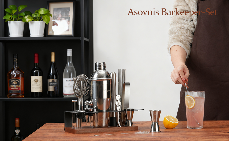 Набір бармена на 23 предмети: шейкер, сито, ложка, мадлер та інші інструменти для приготування коктейлів. Ідеально для дому, бару, вечірки (колір: коричневий)