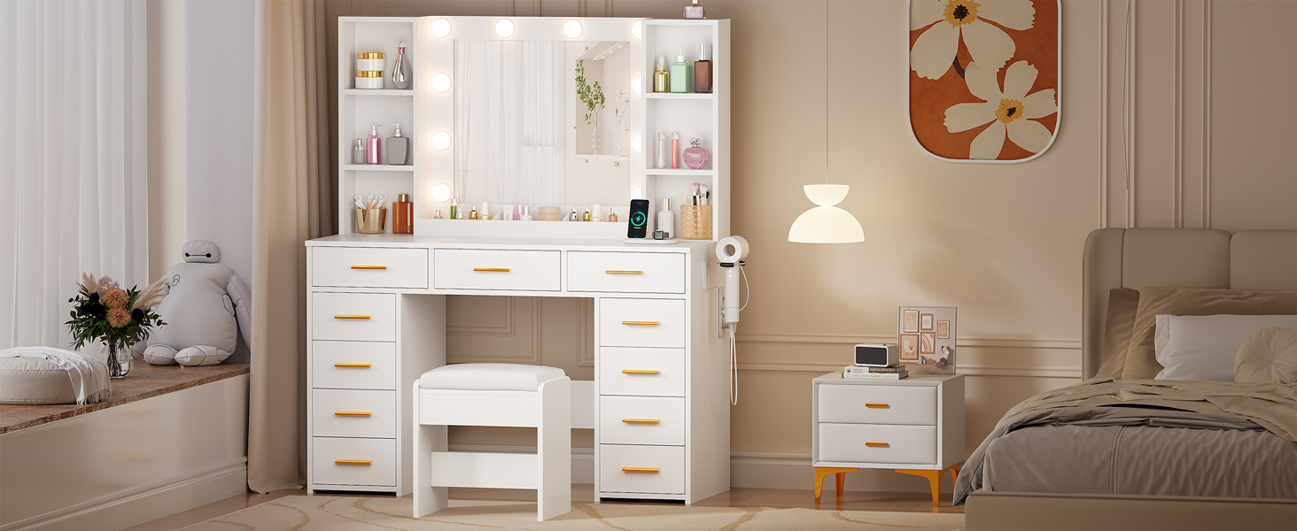 Великий туалетний столик ANWBROAD з регульованою LED-підсвіткою та 11 ящиками. Сучасний туалетний столик з дзеркалом, розетками, 6 відкритими полицями. Комплект з пуфом. Білий колір, 140x110x40 см. Модель BDT86W