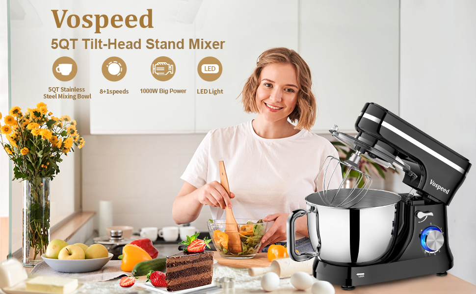 Кухонний комбайн-міксер Vospeed 1000W, планетарний міксер з чашею з нержавіючої сталі 5л, 8 швидкостей, набір насадок (гак, вінчик, міксер), чорний