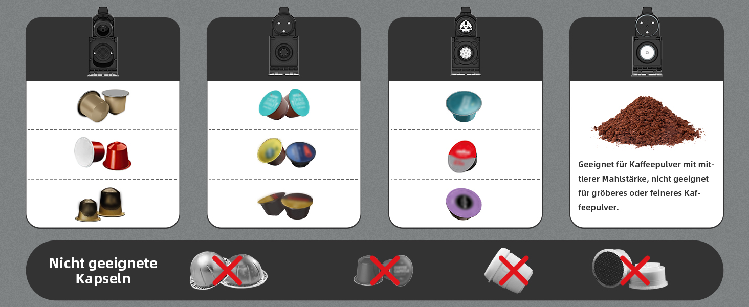 Кавомашина KOTLIE ST-550 Multi-Kapsel: 4-в-1 для Nes Original, Dolce Gusto, Mio та з меленої кави, 19 Bar, 7 рівнів