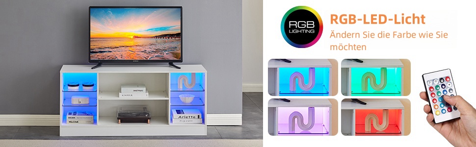 Тумба під телевізор CLIPOP Hochglanz Weiß з LED-підсвіткою, 130x34x57 см - ТВ тумба з скляною полицею для вітальні