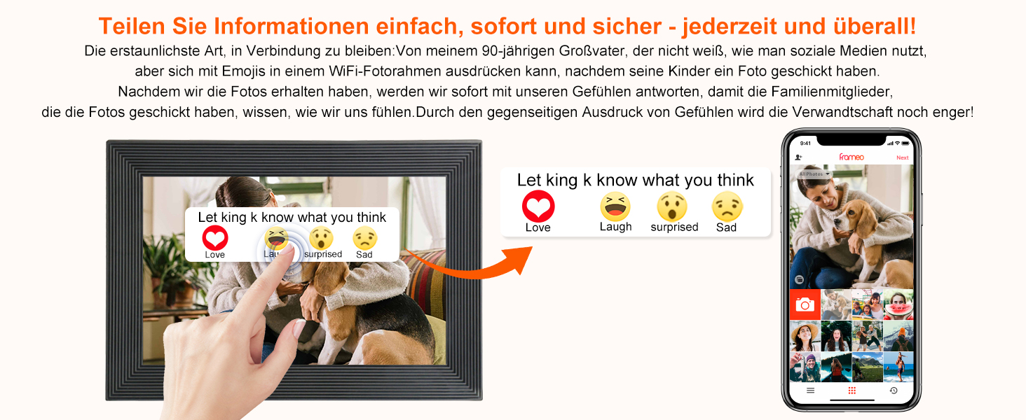 Цифровий фоторамка Frameo WLAN, 10.1 дюйми, LCD сенсорний екран 1280x800, 32GB, автоматичне обертання, підключення Wi-Fi, сумісний з додатком Frameo