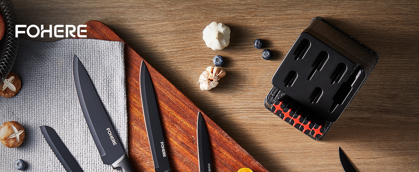 Набір ножів FOHERE 13 предметів з точилкою: якісний набір кухонних ножів з нержавіючої сталі з точилкою та підставкою, чорний граніт