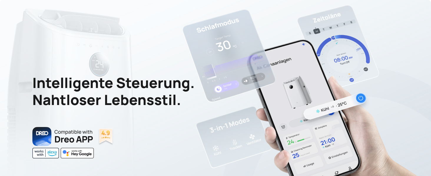 Мобільний кондиціонер Dreo 10000 BTU з охолодженням без дренажу, керуванням через додаток/голос/пульт, таймером 24 години та функцією вентилятора/зневожувача, AC515S