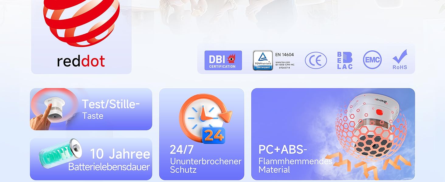 Набір датчиків диму Heiman Mini – 5 шт. з фотоелектричним сенсором, 10 років роботи від батареї, сертифікація EN14604, TÜV, CE, UKCA, DBI, 85 dB, преміум-дизайн