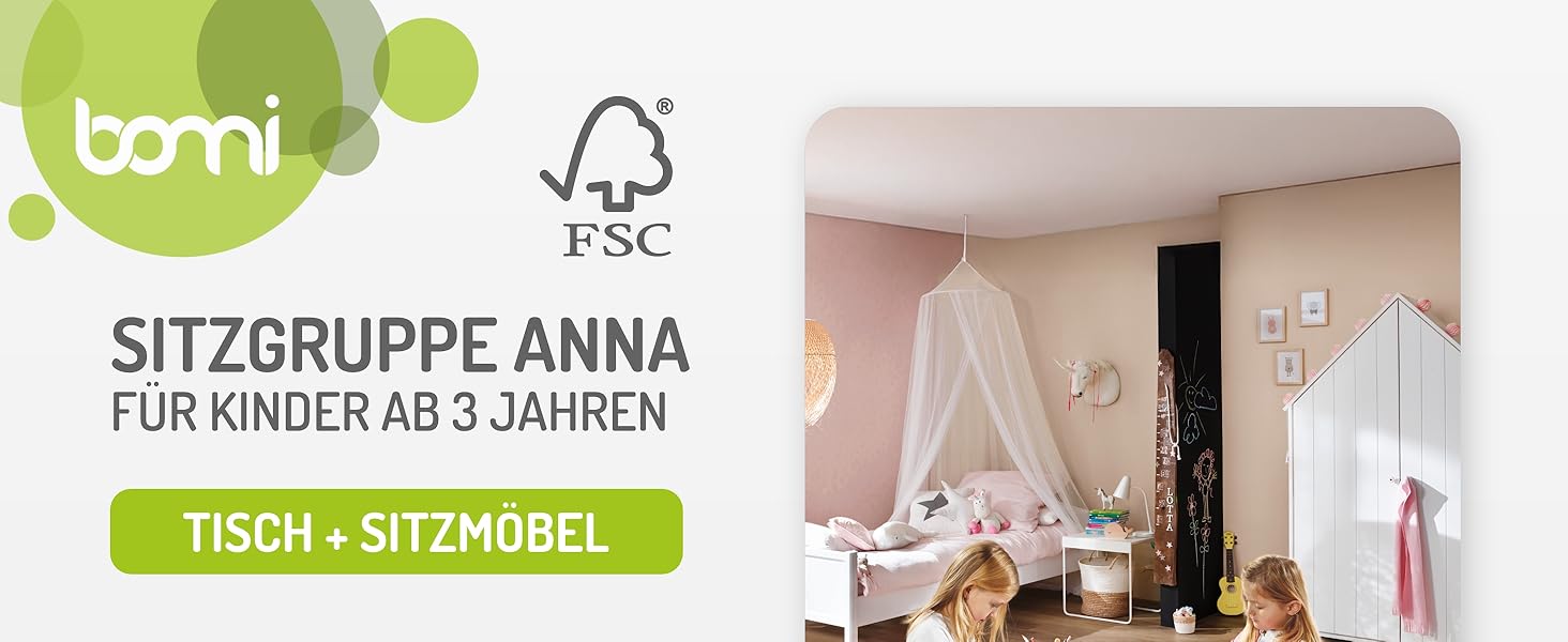 Дитячий меблевий набір Bomi Anna: стіл, 2 стільці та лавка-сховище | Меблі для дитячої кімнати з FSC сертифікованого дерева | Білий