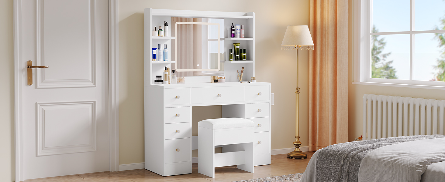 Туалетний столик YITAHOME з підсвічуванням та дзеркалом, з пуфом, 4 шухляди, відкриті полиці, чорний (білий, 9 шухляд)