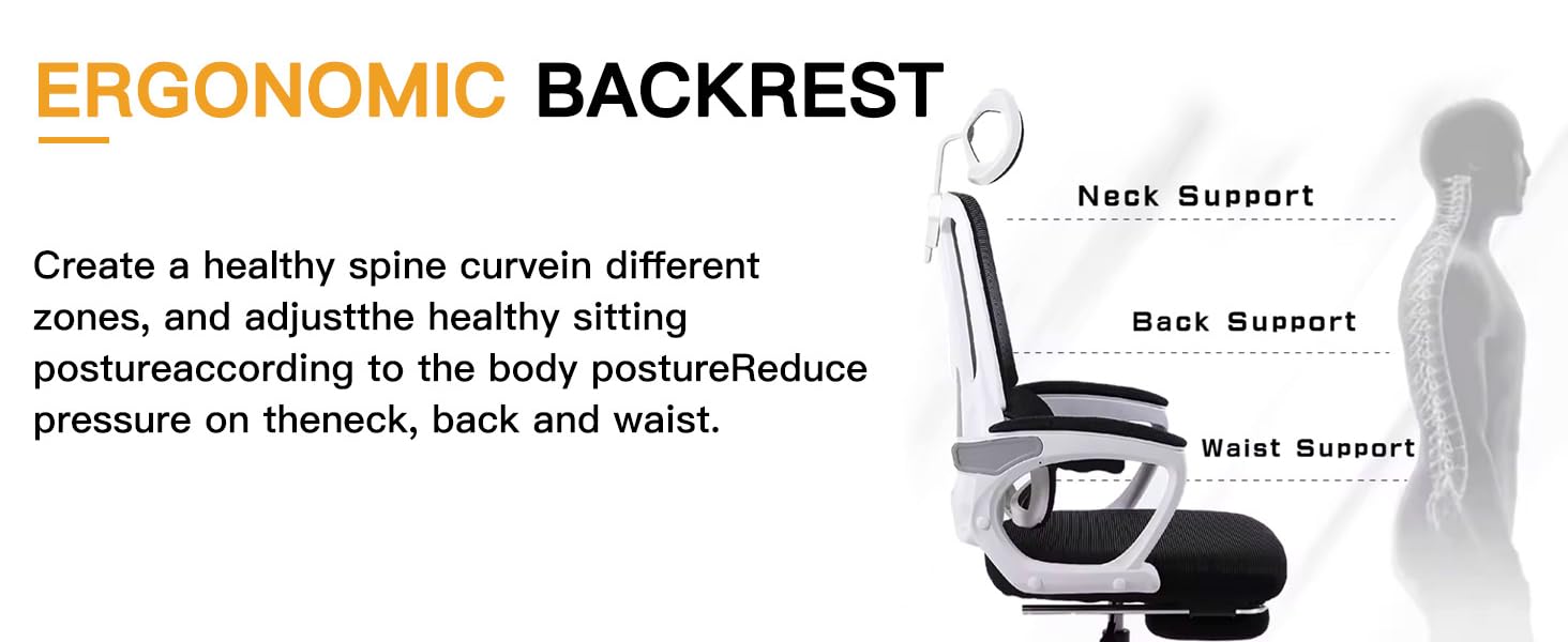 Ергономічне крісло для офісу з високою спинкою та регульованою поперековою підтримкою, дихаючий сітчастий ігровий стілець з широким сидінням, підніжка, стабільне комп'ютерне крісло (Білий)