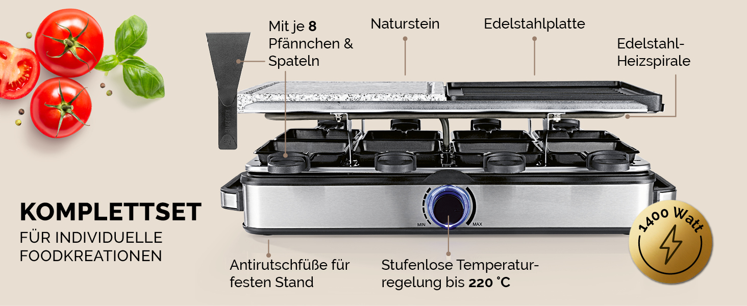 Raclette Gourmetmaxx 2-в-1 з Фондю | Набір раклет для 8 осіб – ідеальний для вечірок | Набір раклет-фондю на 8 осіб з 8 сковородочками, лопатками та виделочками для фондю | Преміум якість