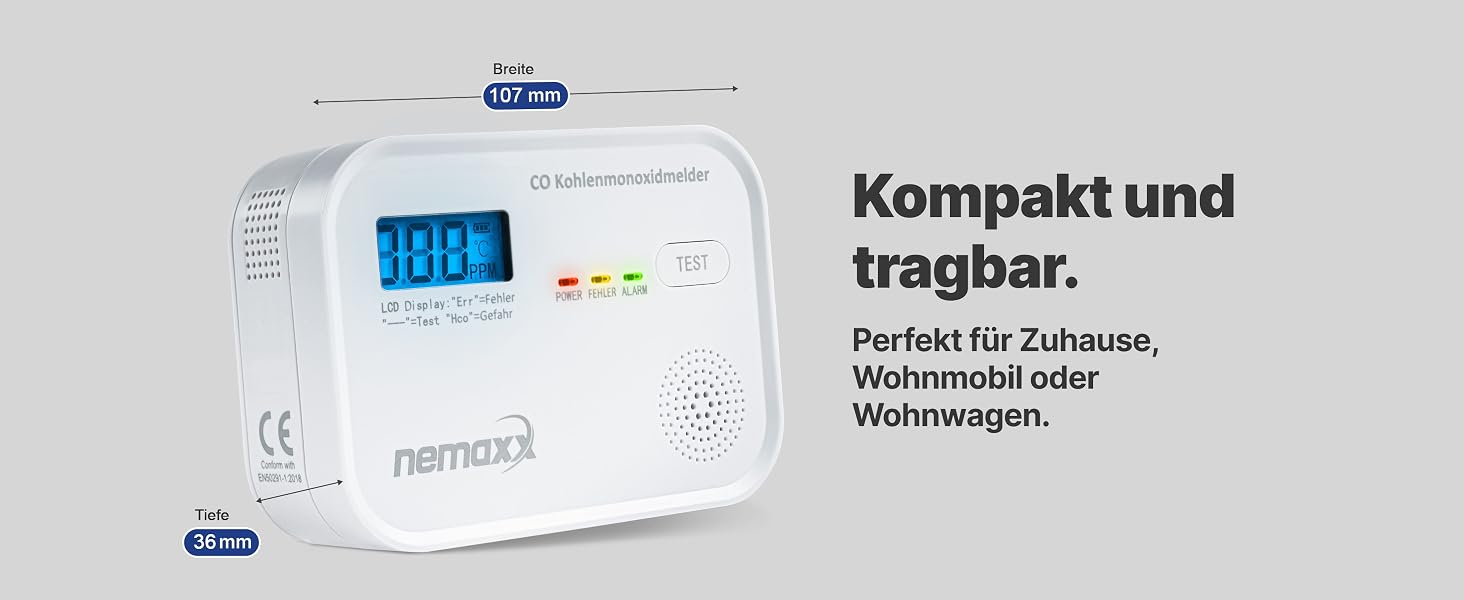 Детектор чадного газу NEMAXX® CM18 з LCD-дисплеєм, електрохімічний сенсор, 85 дБ, стандарт EN 50291-1:2018, термін служби 10 років