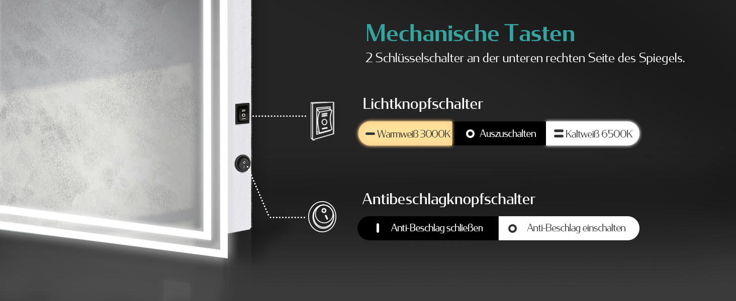 Дзеркало для ванної кімнати EMKE з підсвічуванням 50x60 см, з вимикачем-кришкою, антивміст, 2 кольори світла (тепле/холодне), LED, горизонтальне/вертикальне встановлення
