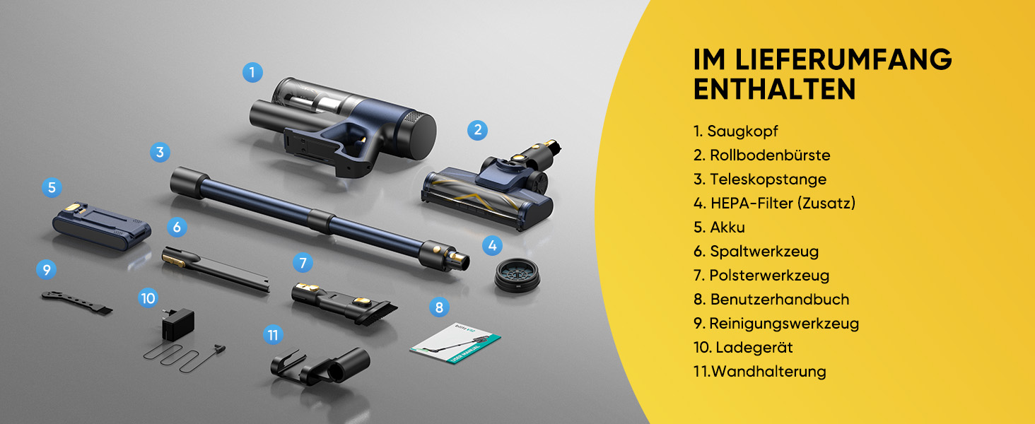 Акумуляторний пилосос Vexilar Leichter 50Kpa, 50хв, 450W, LED-дисплей, 6-в-1 для килимів, підлоги, шерсті тварин, авто, синій