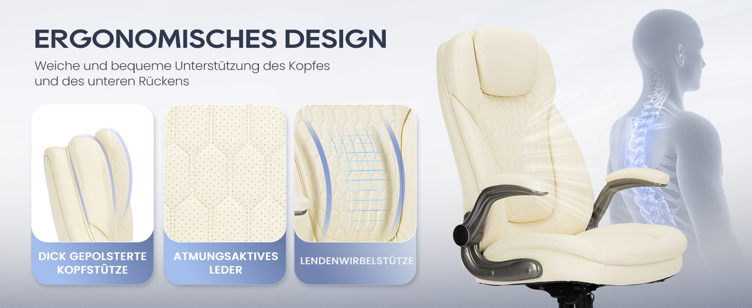 Крісло для офісу Colamy: ергономічне крісло з дихаючої шкіри, підголівник, регульовані підлокітники та м'яке сидіння з пружинним блоком, для дому та офісу (слонова кістка)