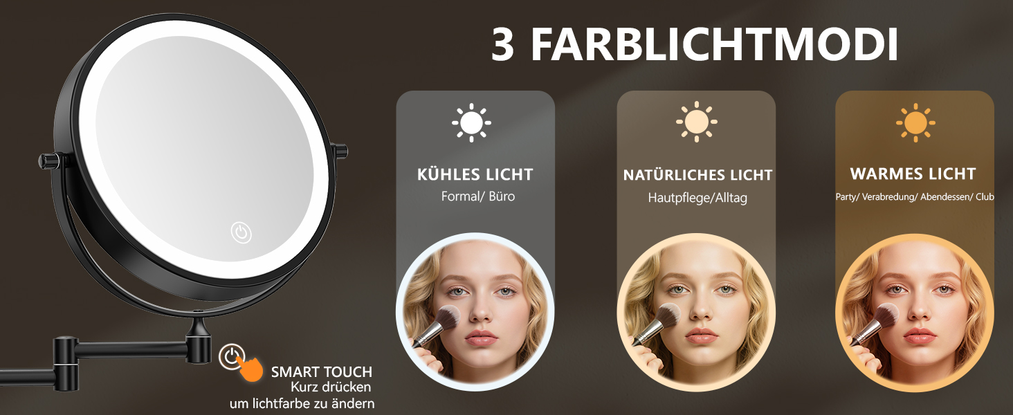 Дзеркало для макіяжу Auxmir з підсвічуванням, 1X/ Акумуляторний, 3200mAh, для гоління, настінний, з регулюванням яскравості, збільшення 30X, 3 кольори світла, поворот на 360°, для ванної кімнати (Чорний)