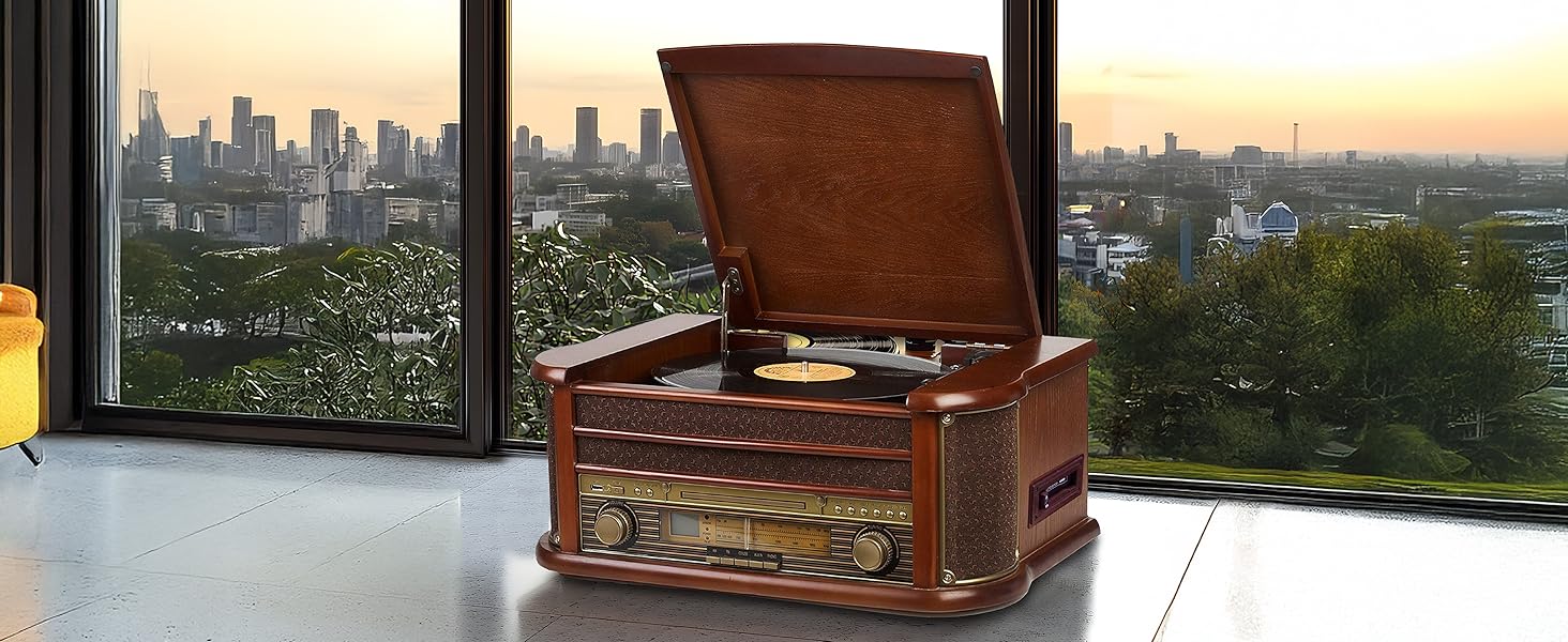 Ретро музичний центр Nostalgie з Bluetooth, касетною декою, CD/MP3/USB програвачем, радіо, програвачем вінілових платівок, AUX IN, записом MP3 та пультом