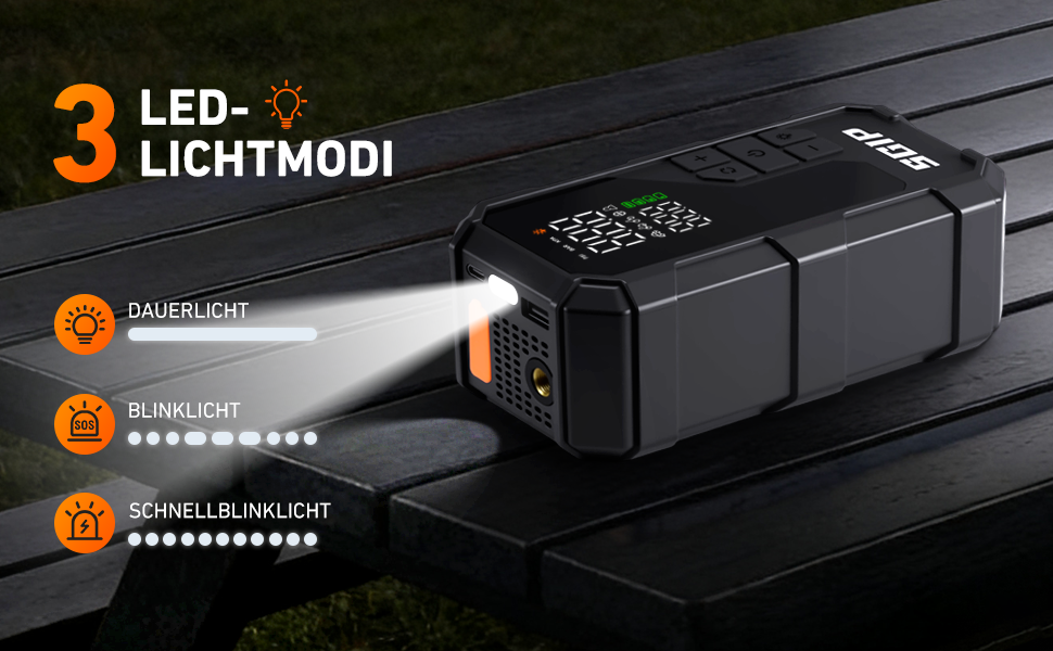 Powerbank-пусковий пристрій 26800mAh Starthilfe 7000A для автомобілів з компресором та ліхтариком, сумісний з бензиновими та дизельними двигунами (до 8.0L)