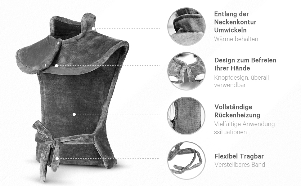 Електричний нагрівальний килимок для спини, шиї та плечей 60x85 см, 4 температурні режими, захист від перегріву, машинне прання, сірий