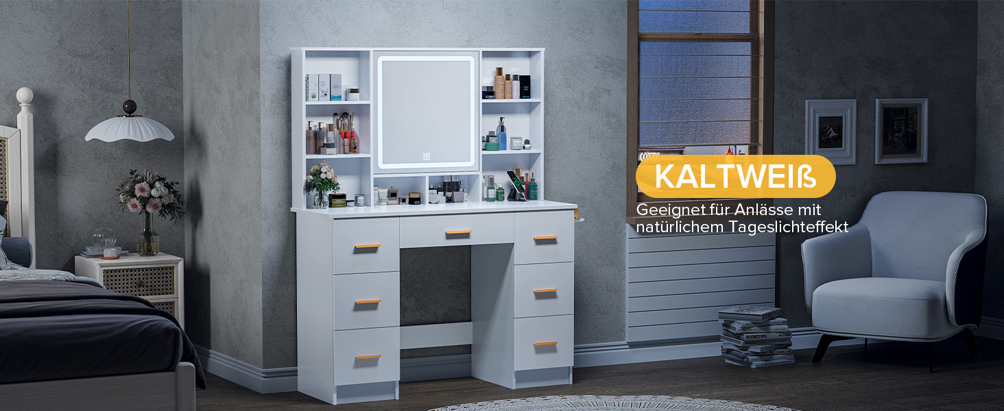 Дзеркальний туалетний столик Belife з підсвічуванням та 7 висувними ящиками, розеткою та 3 кольорами світла для спальні V5