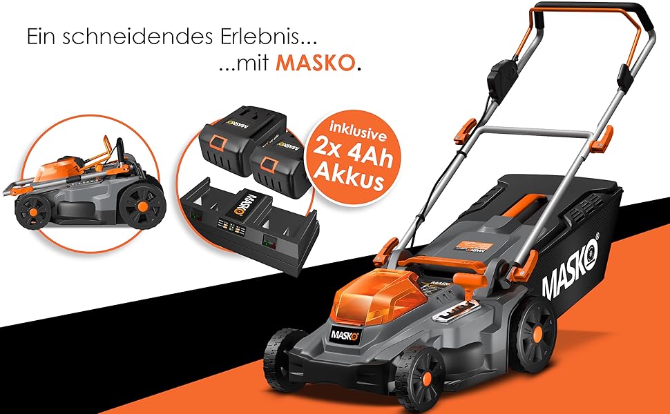 Акумуляторний газонокосарка MASKO з функцією мульчування, 2 акумулятори Li-Ion 4Ah, подвійний зарядний пристрій, триммер, ширина косіння 37 см, 6 положень висоти, кошик 40 л, площа до 600 м², в комплекті рукавички та щітка (ширина косіння 43 см, чорний/помаранчевий)