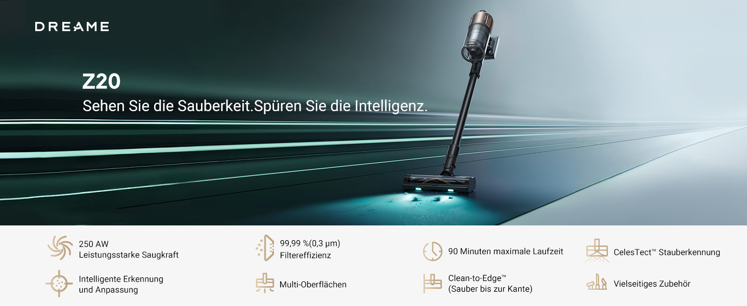 Dreame Z20 - Бездротовий пилосос з потужністю 190AW, LED-дисплеєм та технологією розпізнавання бруду, синій LED-підсвічування, для прибирання дому, видалення шерсті тварин та килимів