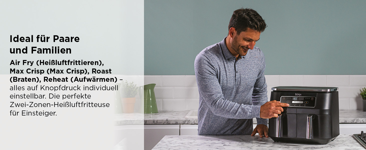 Фритюрниця повітряна Ninja Foodi Dual Zone AF200EU, 7.6 л, 4-в-1, чорна, з 2 зонами, антипригарне покриття