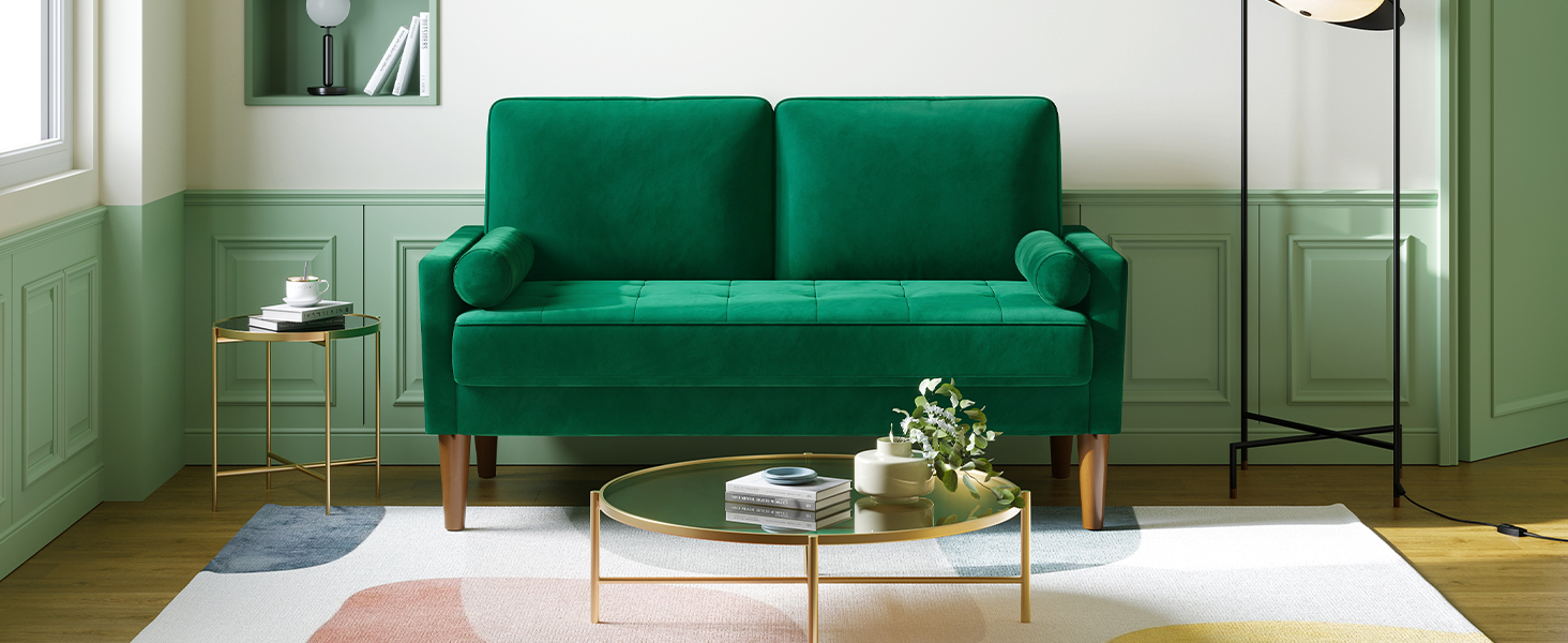 Диван Vesgantti, 2 місця, 121 см, сучасний дизайн, з 2 подушками, для вітальні/квартири/офісу (зелений, велюр)