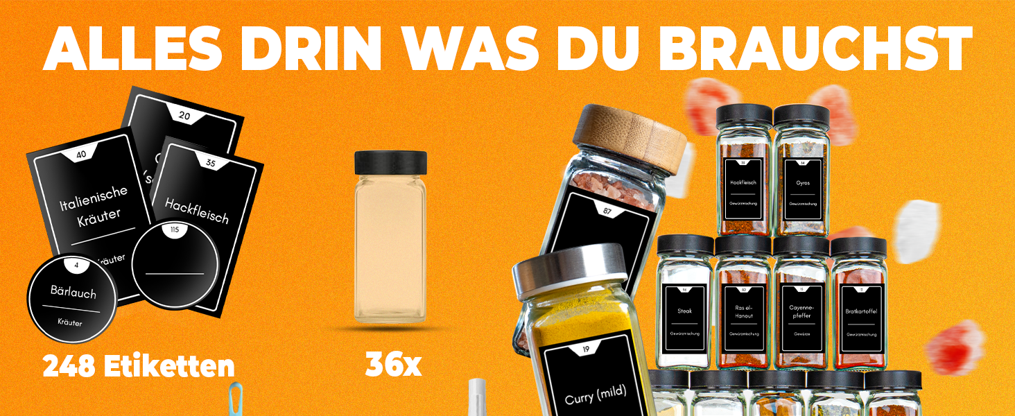 Набір банок для спецій 36 шт. (24 x 125 мл), чорний мат, з мірками та етикетками