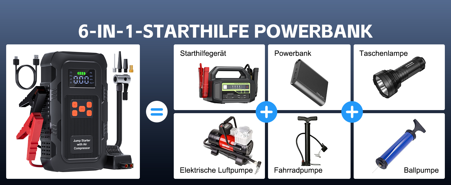 Пусковий інвертор Povasee 6000A з компресором 150 PSI та Powerbank, бустер для авто 12V з електричним насосом та ліхтариком (Помаранчевий/Чорний)