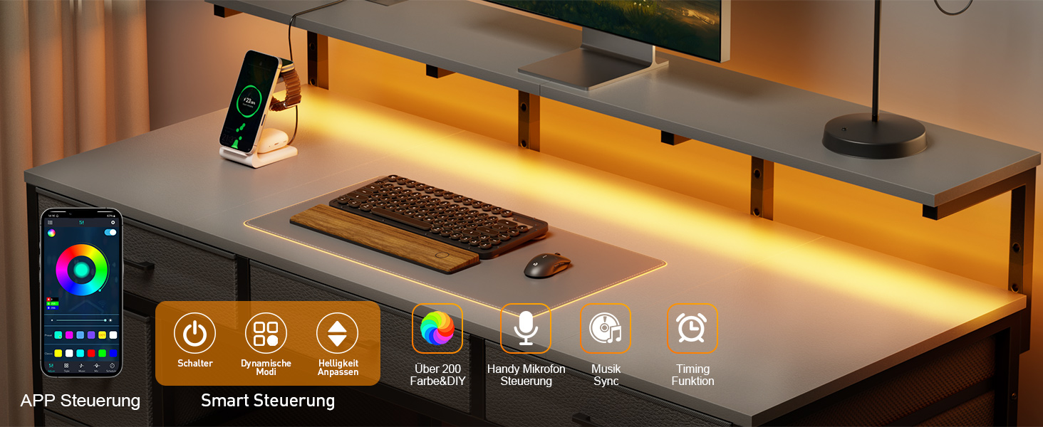 Комп'ютерний стіл з 8 висувними ящиками, 2 розетками, USB-портами, LED-підсвічуванням та підставкою для монітора, 120 x 50 x 74 см (сірий)