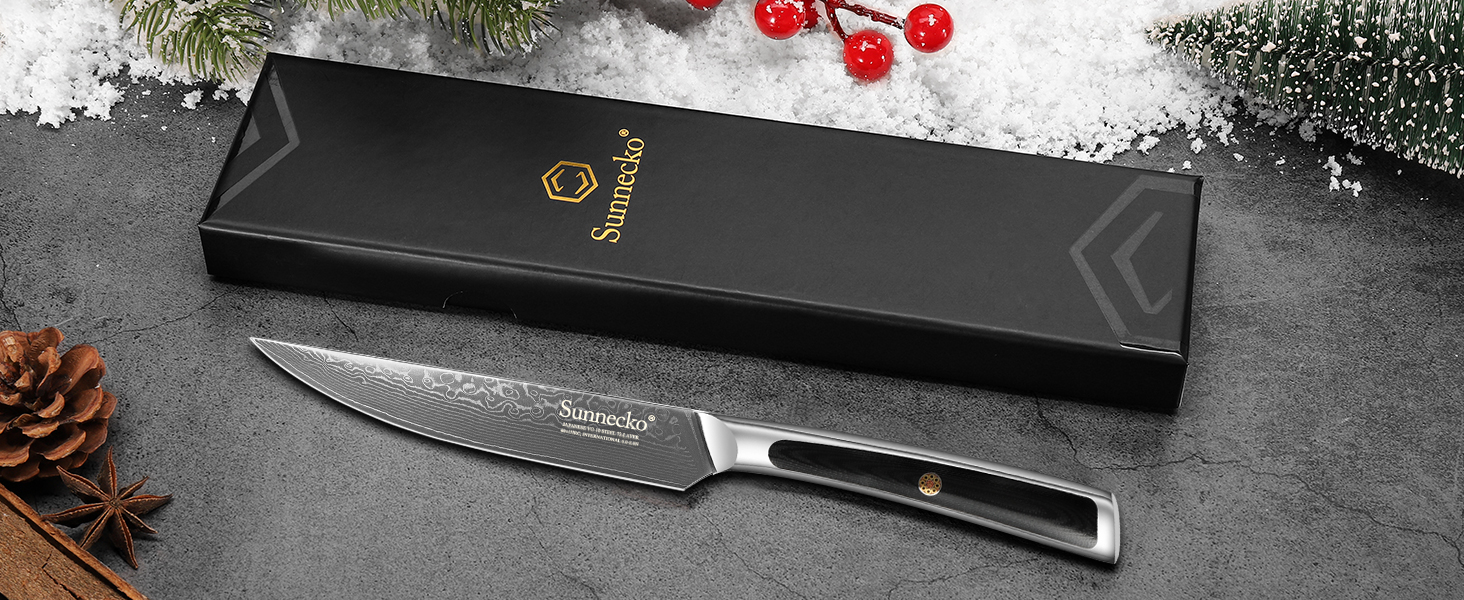 Ніж Sunnecko Дамаск - кухонний ніж. Гострі ножі з дамаської сталі. Азіатський універсальний кухонний ніж для дому та кухні з ергономічною ручкою (ніж для стейка)