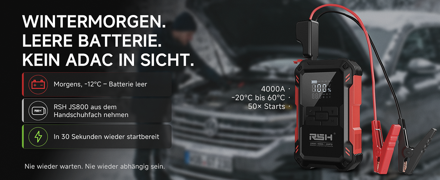 Пусковий пристрій RSH 4000A Jump Starter з компресором 150 PSI, бустер для авто 12V (бензин до 9.0L, дизель до 6.5L), Powerbank 10000 mAh та LED-ліхтарем, 4-в-1