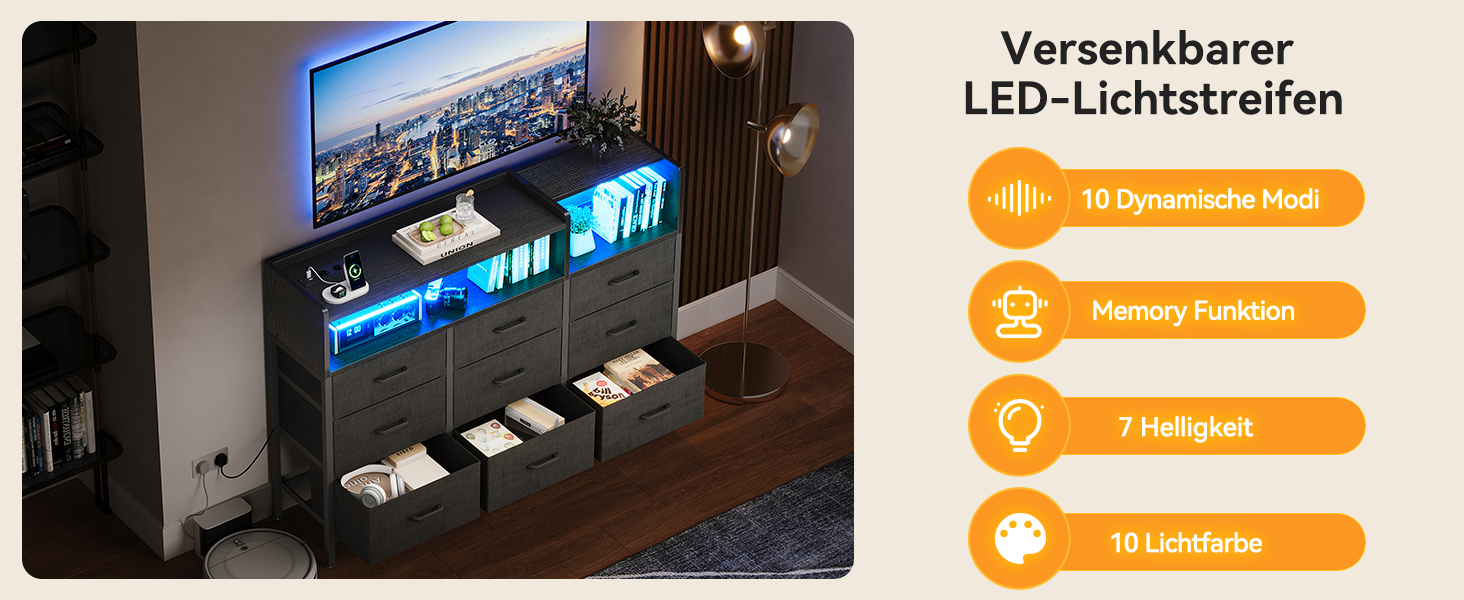 Комод ODK з шухлядами, 2 розетки, 2 USB, 10 LED-смужок, полиця, стільниця, 9 тканинних шухляд, чорний колір, 130x30x97 см