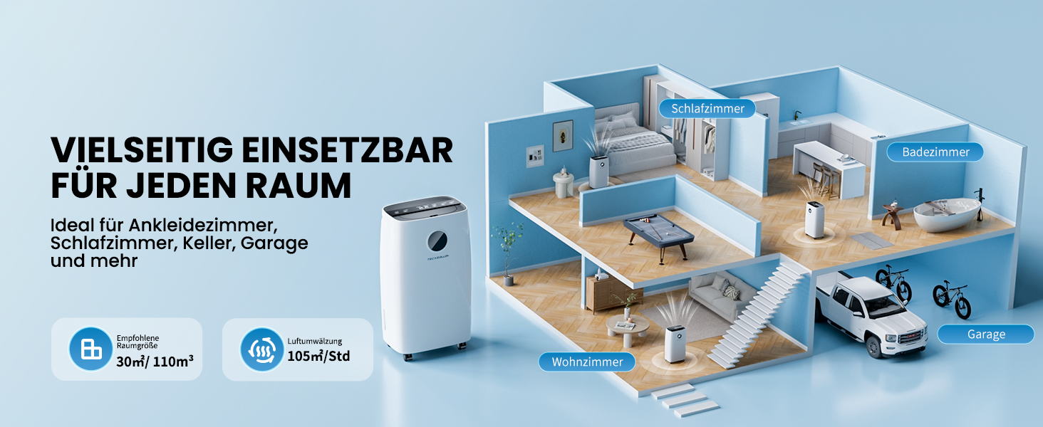 Електричний осушувач повітря 15L, 30㎡, для підвалу, з тачем, 2.5L бак, дренажний шланг, 46dB, таймер 24h, гарантія 3 роки