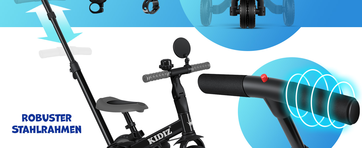 Біговел-триколіс KIDIZ 6-в-1 для дітей 1-5 років до 25 кг, з ручкою, захисним бампером, ременем безпеки, дзвінком та дзеркалом (Антрацит)