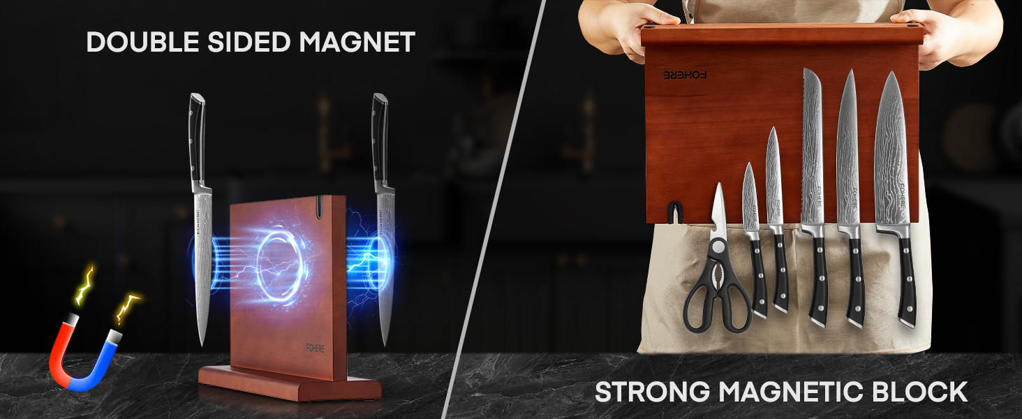 Набір ножів FOHERE 7 предметів: кухонний, для хліба, овочевий, з точилкою та магнітним блоком з нержавіючої сталі та дерева