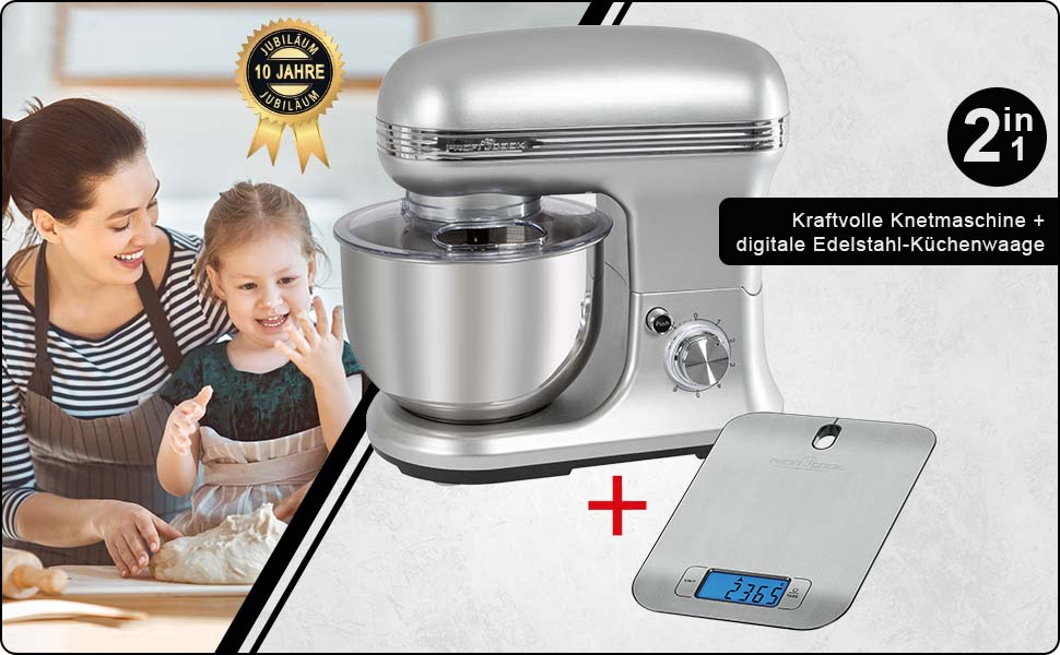 Міксер ProfiCook PC-KM 1222 W з чашею 5 л, вагами та спеціальним редуктором, 1200 Вт, 8 швидкостей, нержавіюча сталь