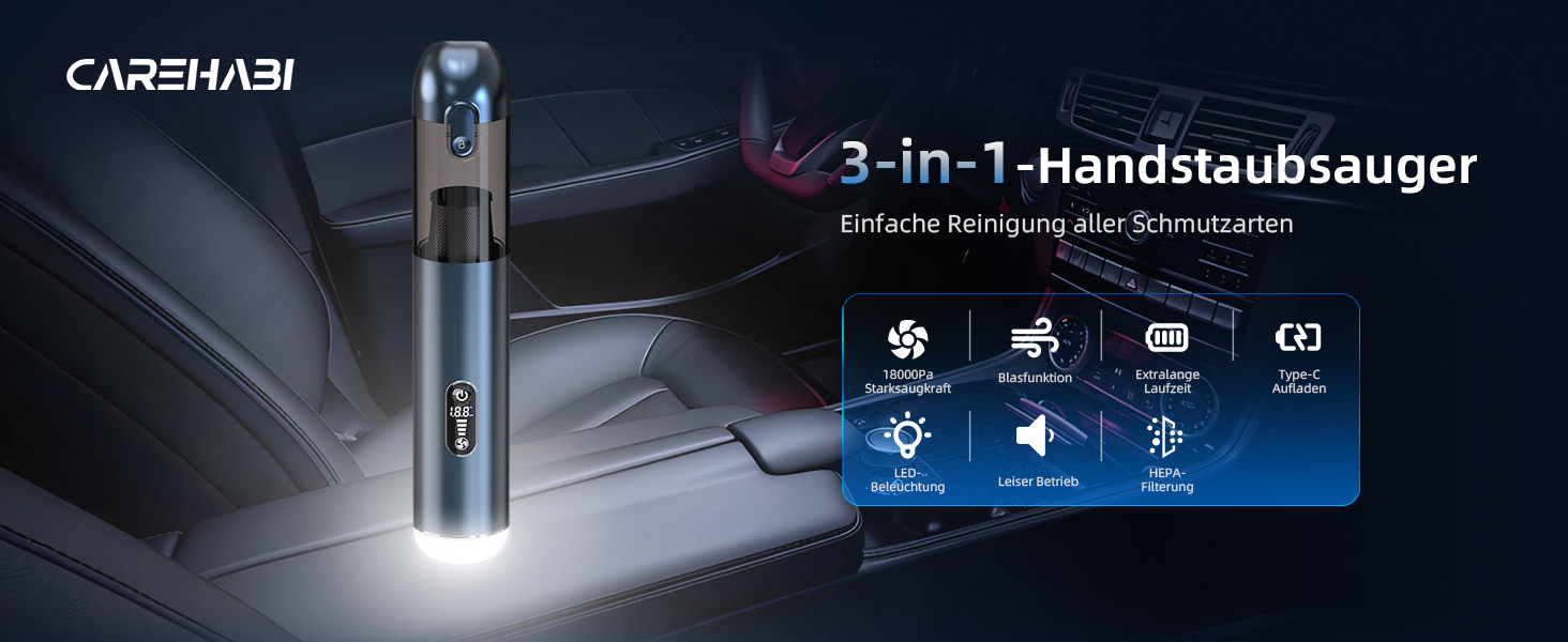 Ручний автомобільний пилосос Carehabi, потужність всмоктування 18000Па, 3 режими роботи, з мийним HEPA-фільтром для авто, дому та шерсті тварин