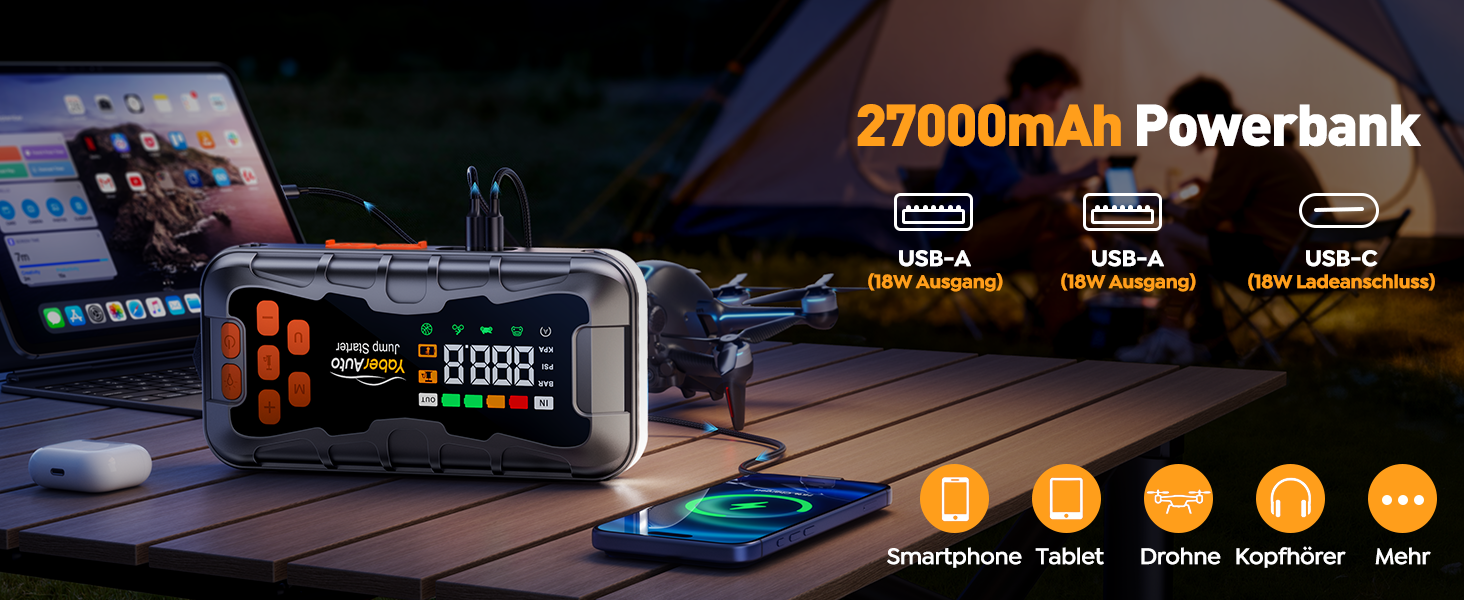Powerbank 16 в 1 з компресором 160PSI, 27000mAh для авто: старт, світло, інструменти