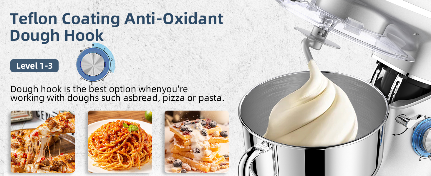 Кухонна машина Cheflee 2000W з місткою чашею 6.2L з нержавіючої сталі, 6 швидкостей, низький шум, набір насадок (міксер, гак для тіста), захист від бризок